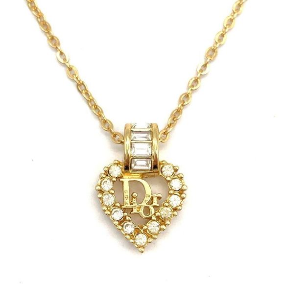 Christian DIOR Heart Logo Necklace Metal Gold Ladies